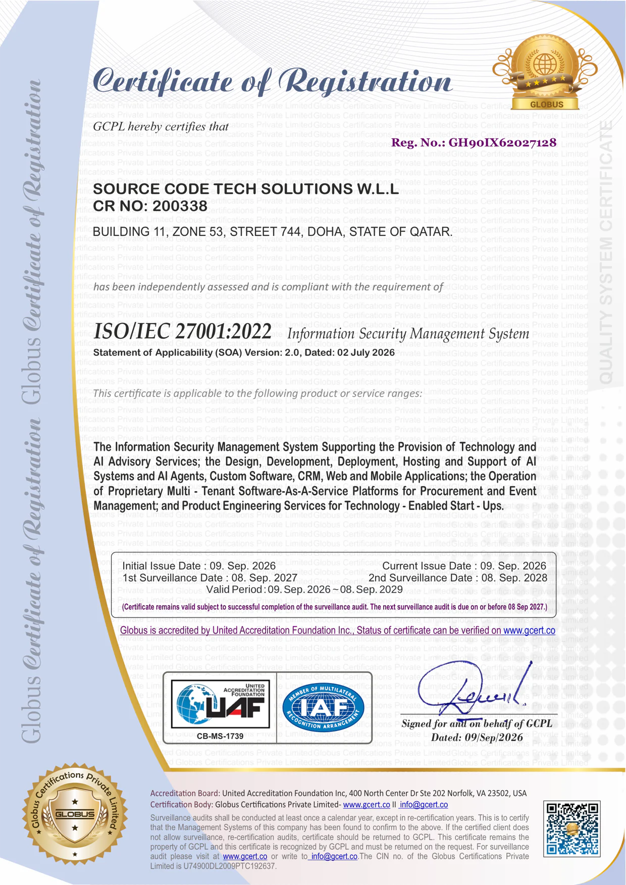 The ISO/IEC 27001:2022 Certificate of Registration issued to Source Code Tech Solutions W.L.L, registration GH90IX62027128, signed on behalf of Globus Certifications.