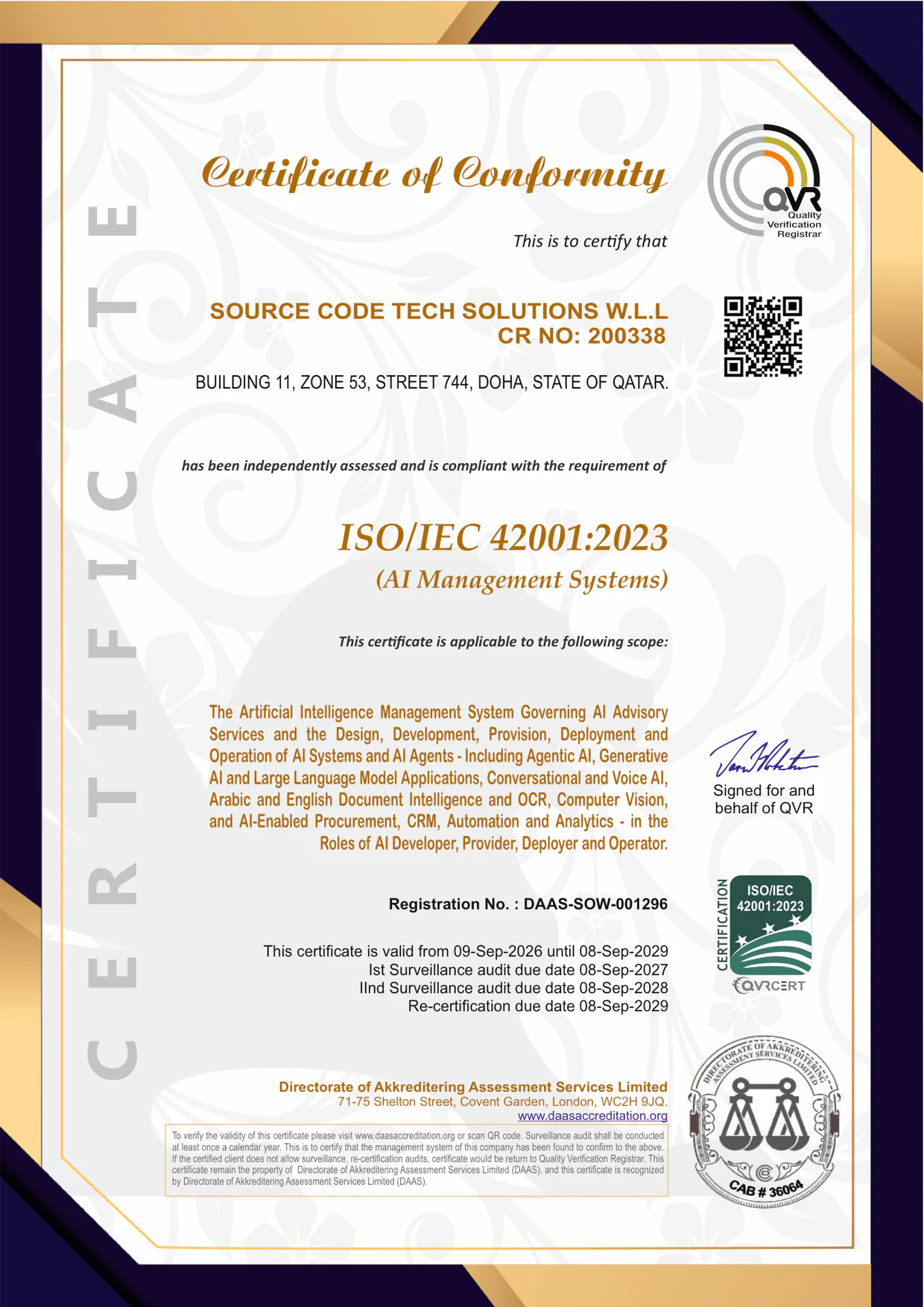 The ISO/IEC 42001:2023 Certificate of Conformity issued to Source Code Tech Solutions W.L.L, registration DAAS-SOW-001296, signed on behalf of Quality Verification Registrar.