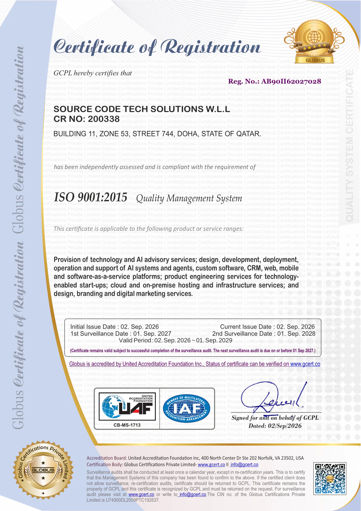 The ISO 9001:2015 Certificate of Registration issued to Source Code Tech Solutions W.L.L, registration AB90II62027028, signed on behalf of Globus Certifications.