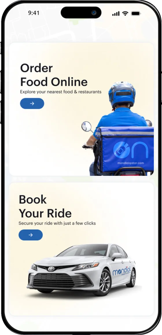 Mondial customer app home screen, with an Order Food Online card above a Book Your Ride card, and Order Food and Ride Booking tabs.