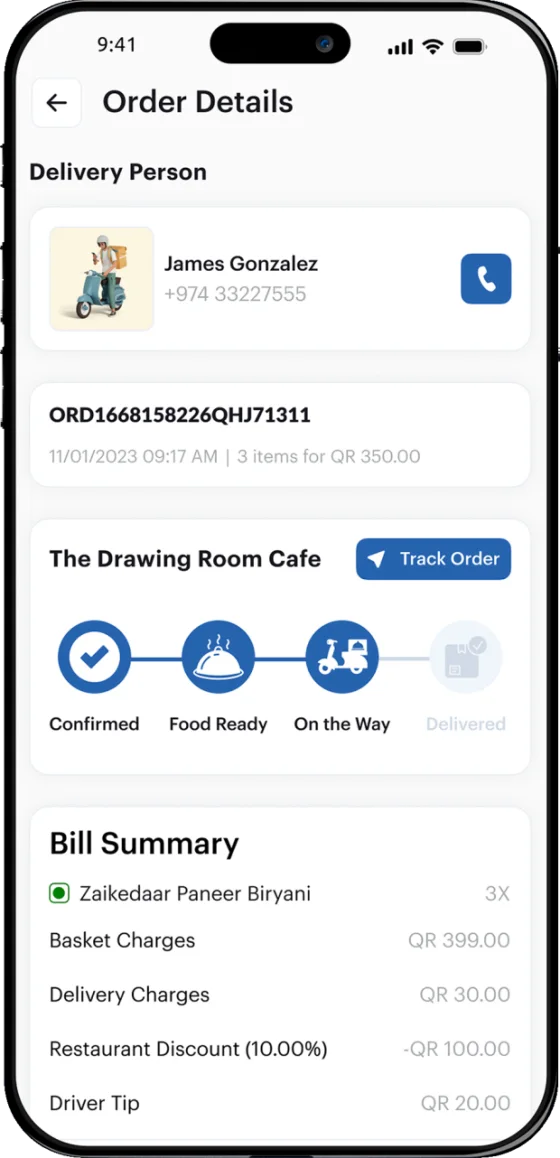 Order details in the Mondial customer app: the assigned delivery person and phone number, a progress track from Confirmed to Delivered, and an itemised bill in Qatari riyal.