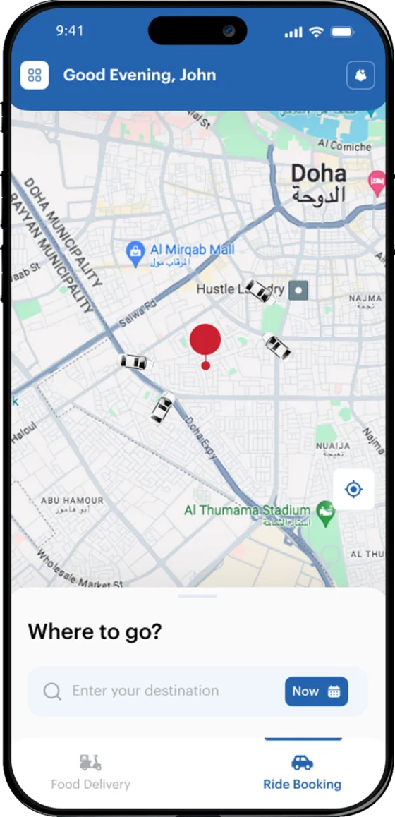 Ride booking in the Mondial customer app: a live map of Doha with nearby cars, and a Where to go? destination field.