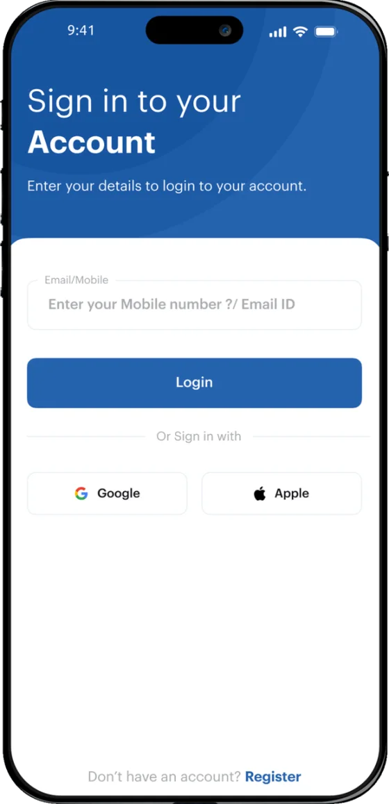 Mondial customer app sign-in screen, with a mobile or email field, a Login button, and Google and Apple sign-in options.