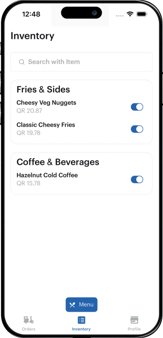 The inventory screen in the Mondial partner app, listing menu items under Fries & Sides and Coffee & Beverages, each with a price and an on/off switch.
