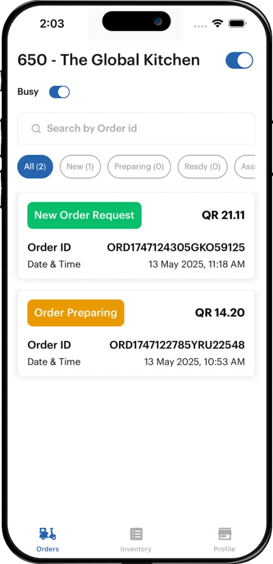 The order queue in the Mondial partner app, with store-open and Busy switches, New, Preparing and Ready filters, and two orders with their values in Qatari riyal.